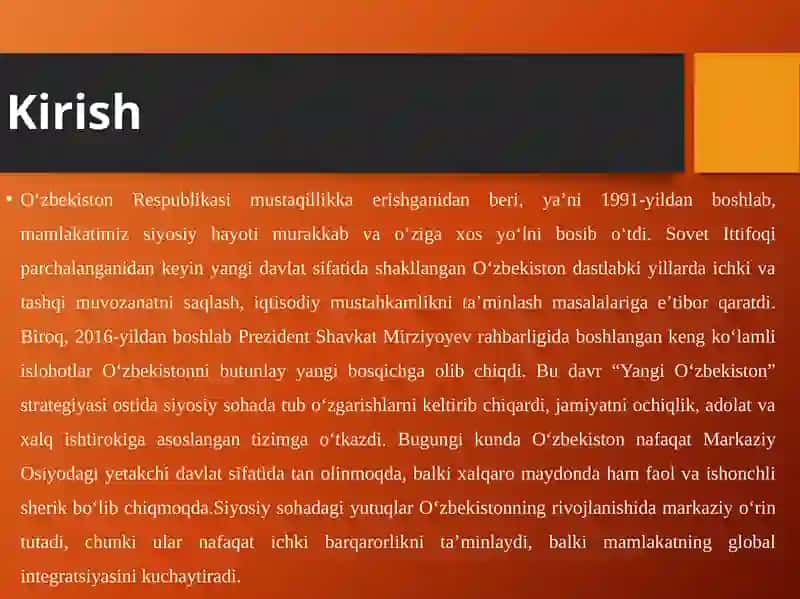 O’ZBEKISTONNING SIYOSIY SOHADAGI YUTUQLARI 4