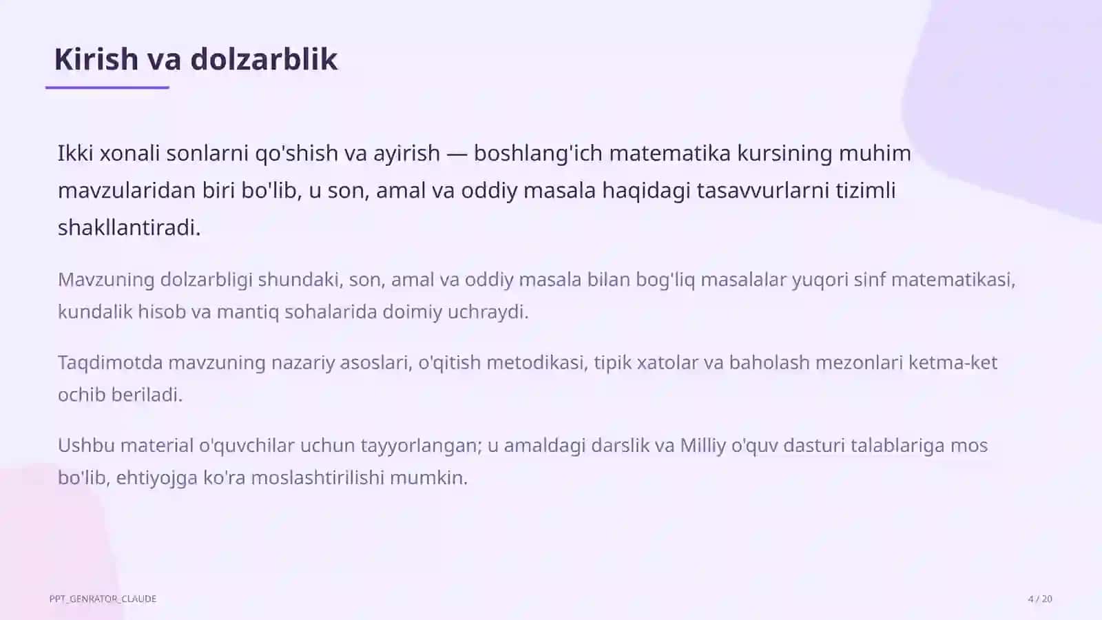 Ikki xonali sonlarni qo'shish va ayirish (2-sinf) 4