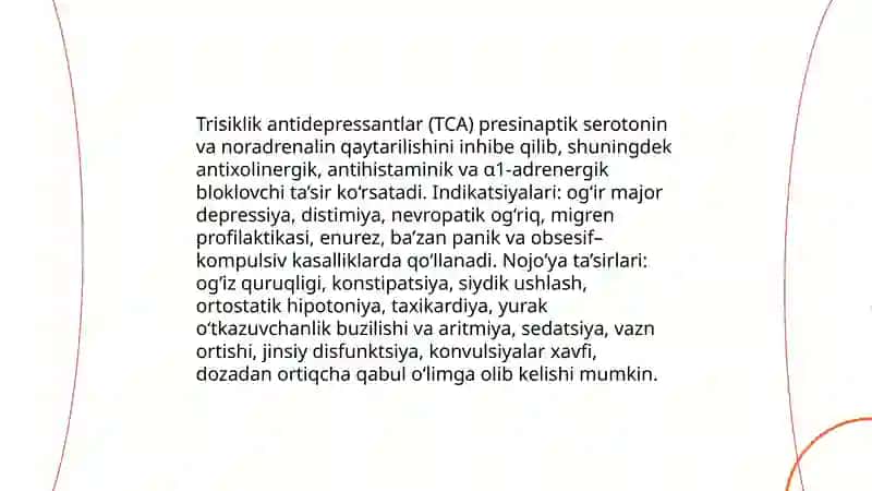 Depressiyaga qarshi moddalar,Litiy tuzlari. Psixostimulatorlar. Nootrop moddalar. Analeptiklar. Organizmni umumiy tonusini oshiruvchi moddalar 4