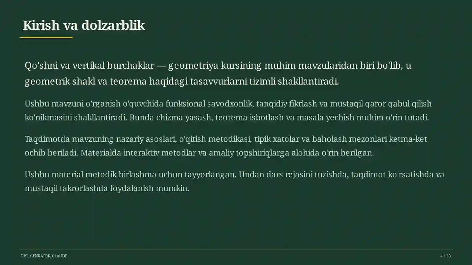 Qo'shni va vertikal burchaklar (7-sinf) 4