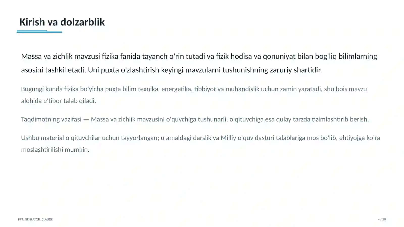 Massa va zichlik (6-sinf) Fizika (6–11) — o'qituvchilar uchun 4