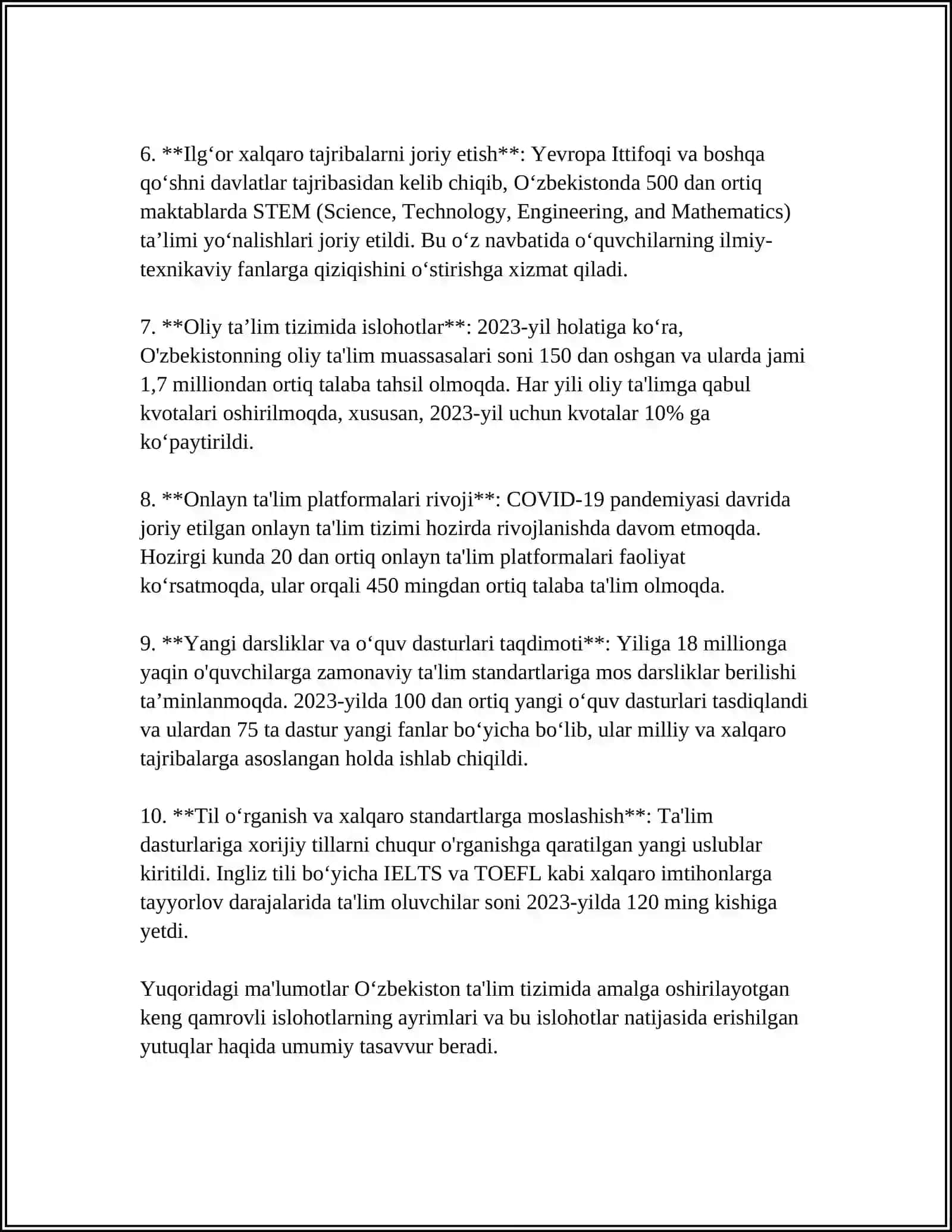 OʻZBEKISTONDA TA'LIM TIZIMIDAGI ISLOHOTLAR VA INNOVATSIYALAR 4