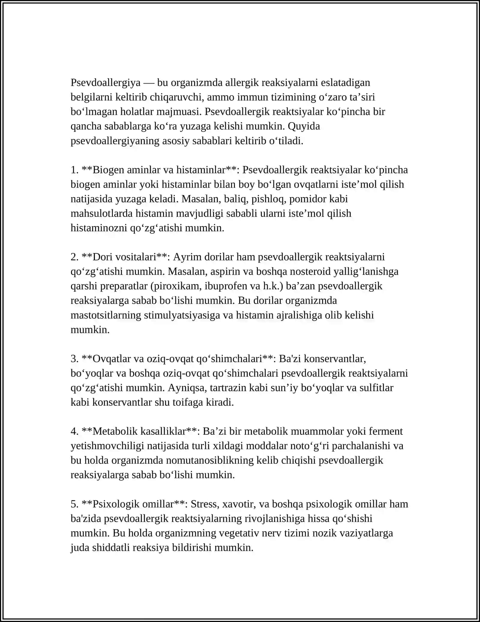 PSEVDOALLERGIYA,ATOPIK KASALLIKLAR HAQIDA TUSHUNCHA.DORI VA OZIQ OVQAT ALLERGIYALARI 4