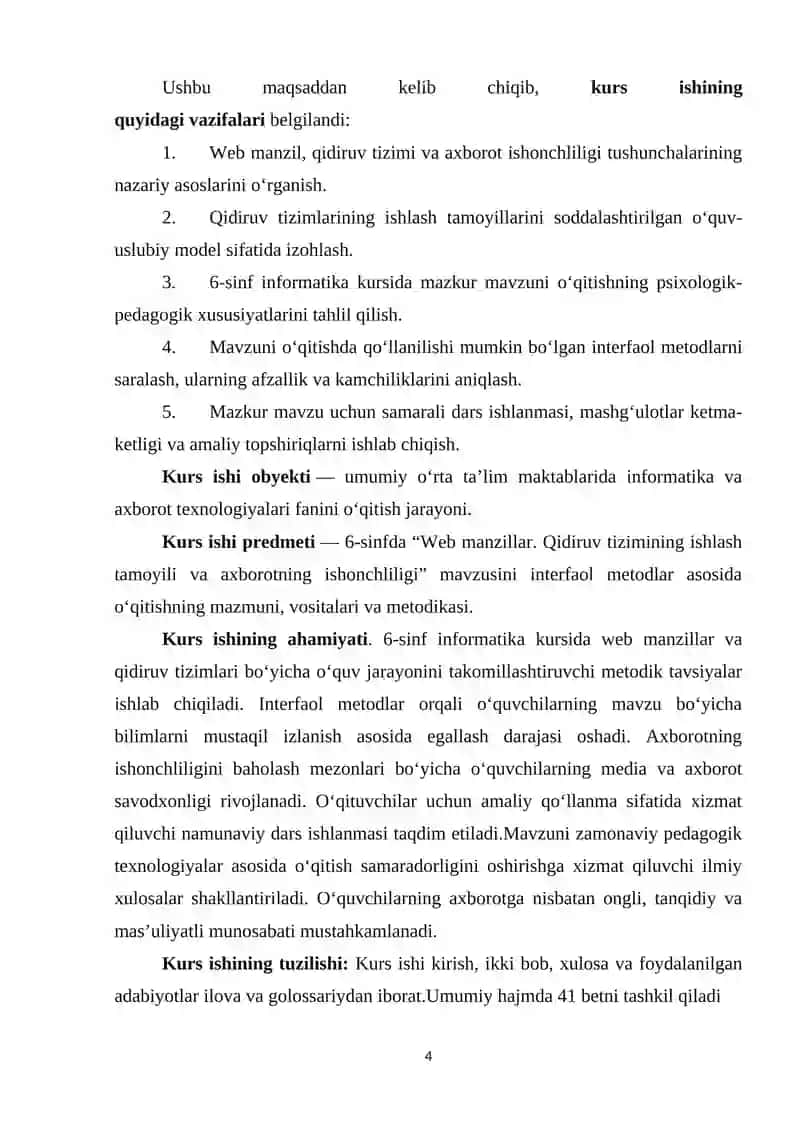 Umumiy oʻrta taʼlim maktablarining 6-sinfida Informatika va AT fanidan “Web manzillar haqida tushuncha. Qidirish tizimini ishlash tamoyili va axborotning ishonchliligi” mavzusini o‘qitishda interfaol metodlardan foydalanish 4