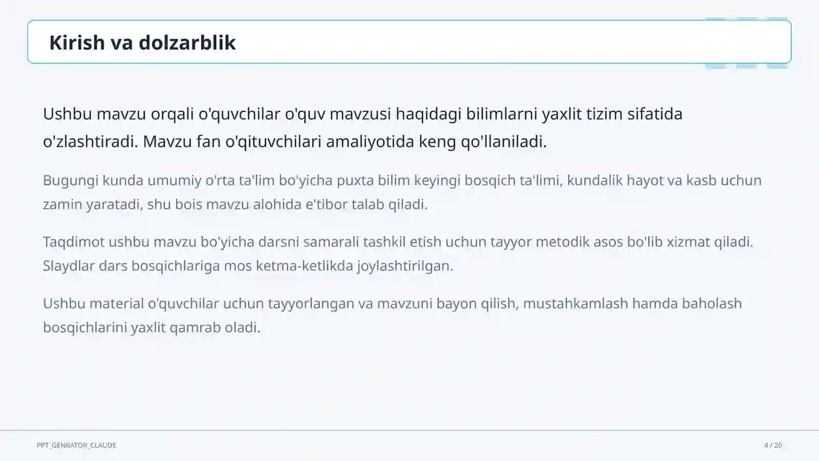 Dolzarb mavzular — maktab va o'qituvchilar (2026) — o'quvchilar uchun 4