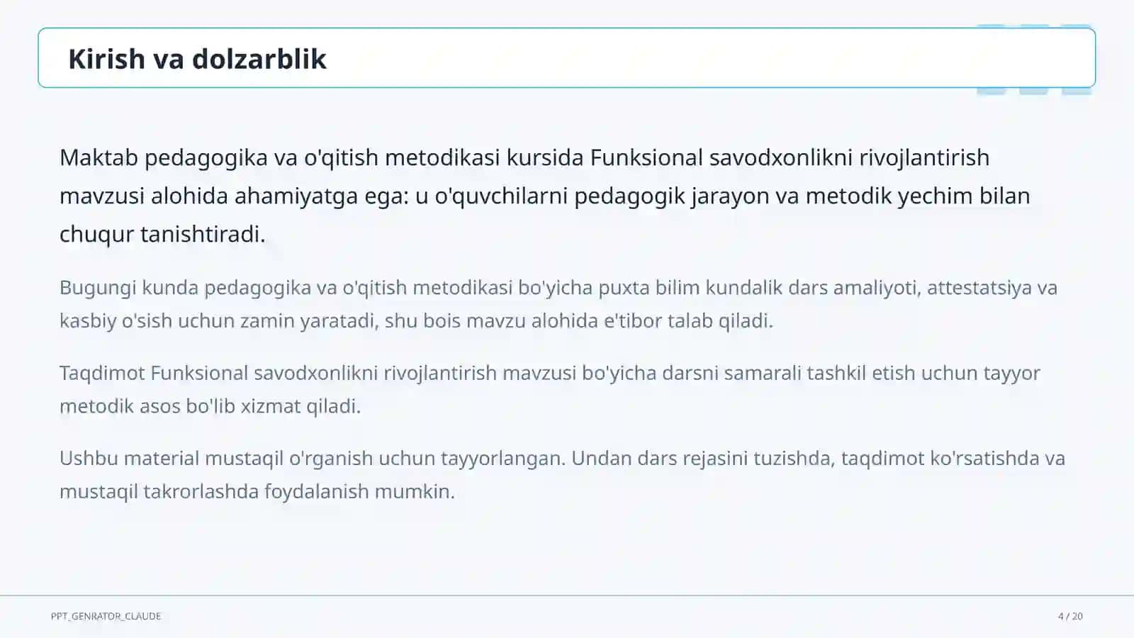 O'qituvchilar uchun: pedagogika va o'qitish metodikasi 4