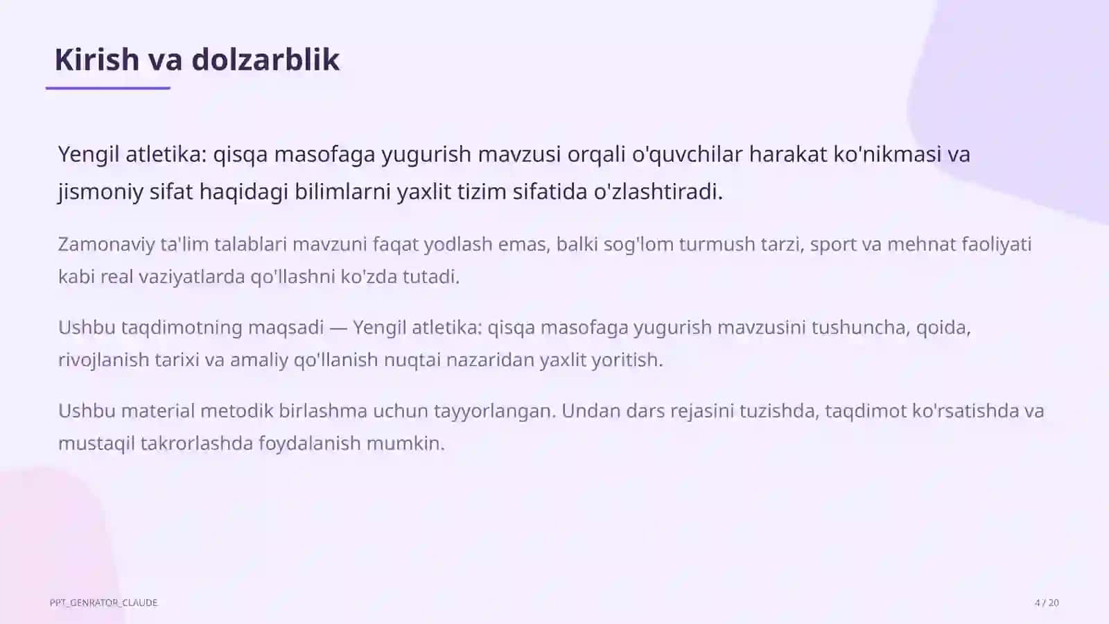 Yengil atletika: qisqa masofaga yugurish (4-sinf) 4