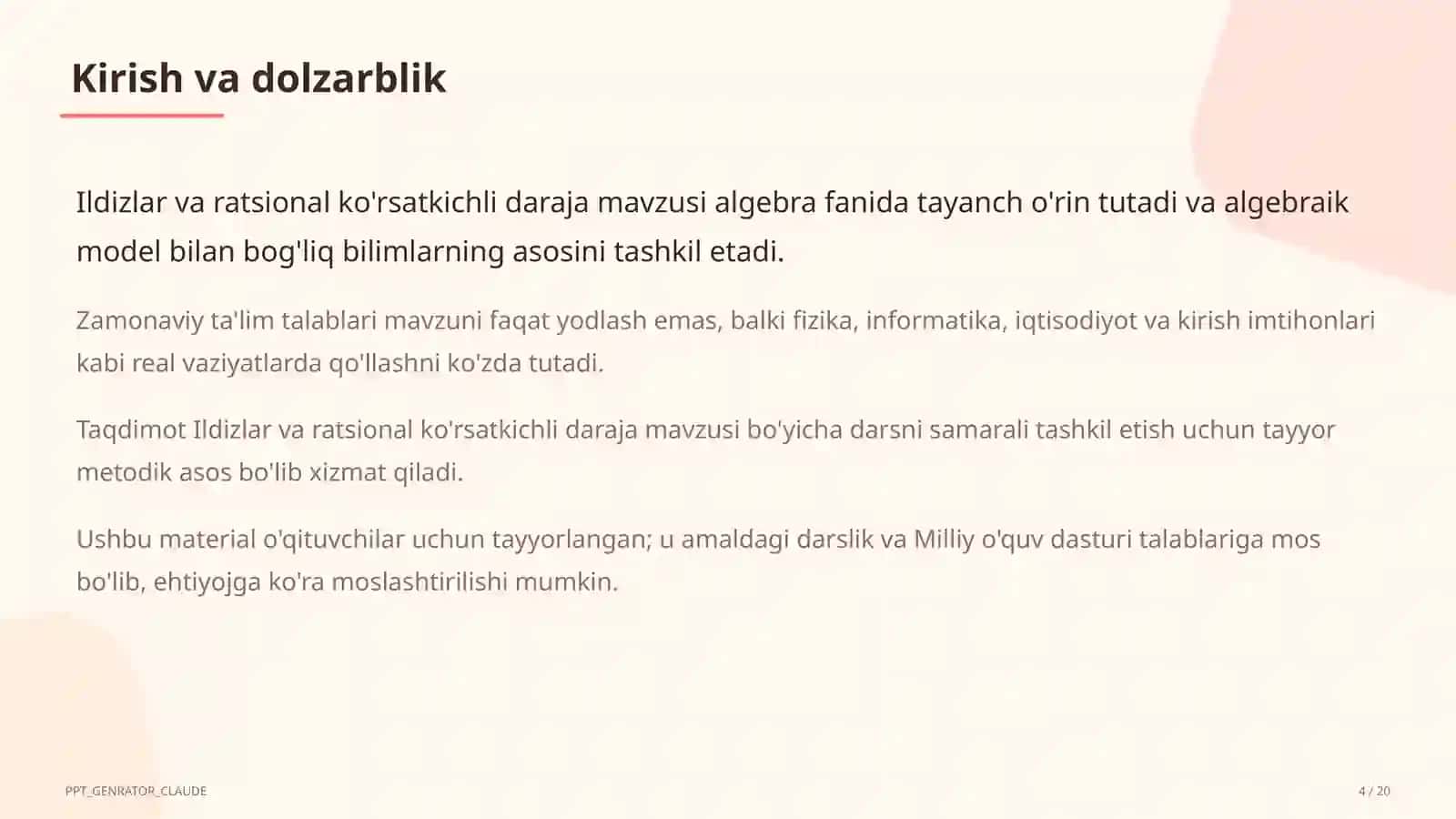 Ildizlar va ratsional ko'rsatkichli daraja (10-sinf) 4