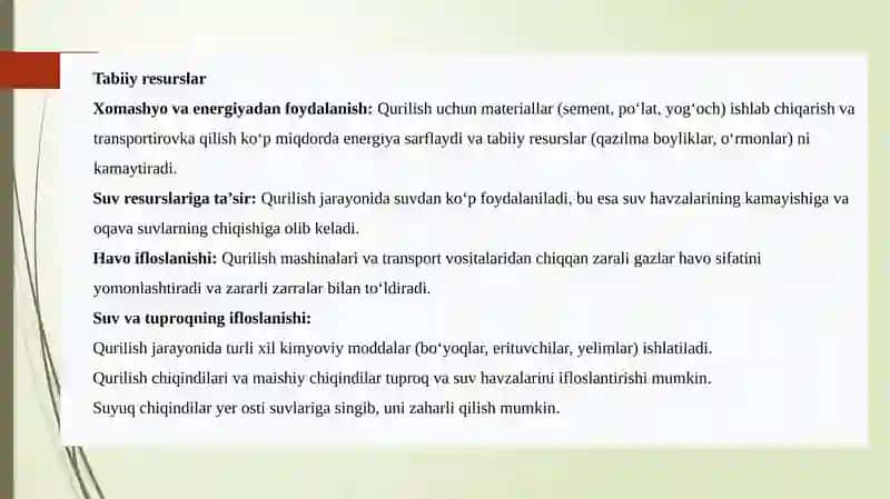 QURILISHDA ATROF – MUHITNI MUHOFAZA QILISH BOSHQARUVI MAVZUSI 4