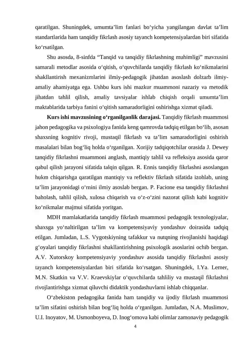 “8-SINFDA TANQID VA TANQIDIY FIKRLASHNING MUHIMLIGI” MAVZUSINI O‘QITISH JARAYONIDA O‘QUVCHILARDA TANQIDIY FIKRLASH KO‘NIKMASINI RIVOJLANTIRISH” 4