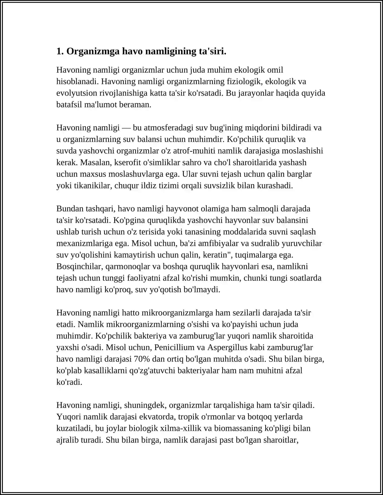 ORGANIZMGA HAVO NAMLIGI KO'RSATGICHLARINING TA'SIRI. XARORAT O'LCHOV ASBOBLARINI YARATISH TARIXI, TERMOMETRIYA USULLARI VA ULARNING AHAMIYATI. AYLANMA HARAKAT MEXANIKASI QONUNLARI. MASSA MARKAZI 4