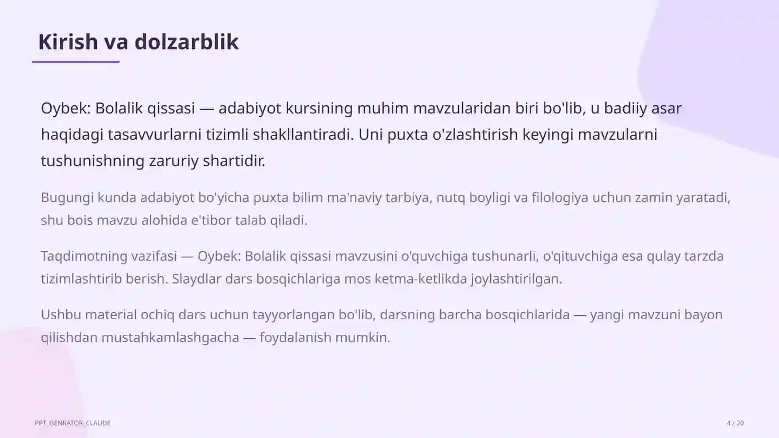 Bolalik qissasi Oybek (6-sinf) 4