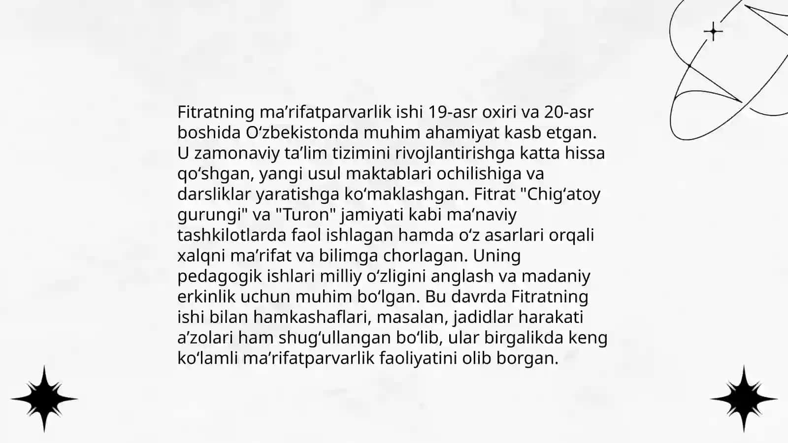 Jadid maʼrifatparvarlarining oʻlka ijtimoiy -ma'naviy hayotida tutgan oʻrni (Munavvar Qori, Fitrat, Behbudiy, A.Avloniy va boshqalar) 4