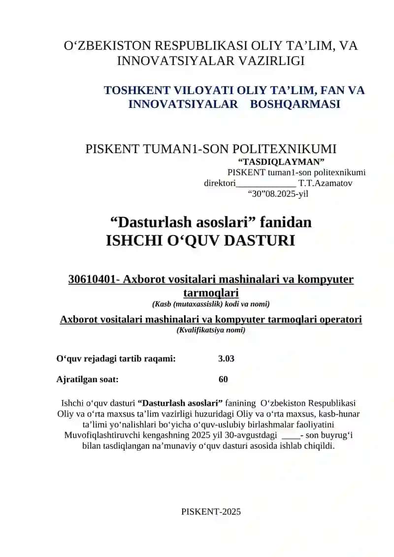 Dasturlash asoslari fanidan O‘QITISH MATERIALLARI 4