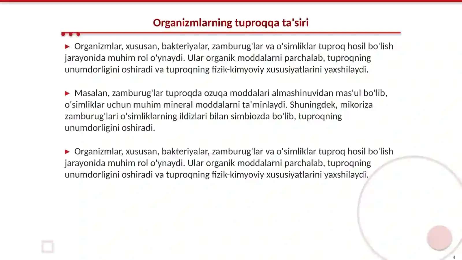 Organizmlar va tuproq hosil bõlishi hamda geografiyasi 4