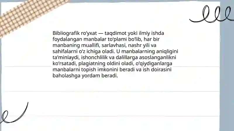 Bibliografik ro‘yxatni tuzish qoidalarini tushuntiruvchi taqdimot yaratish 4