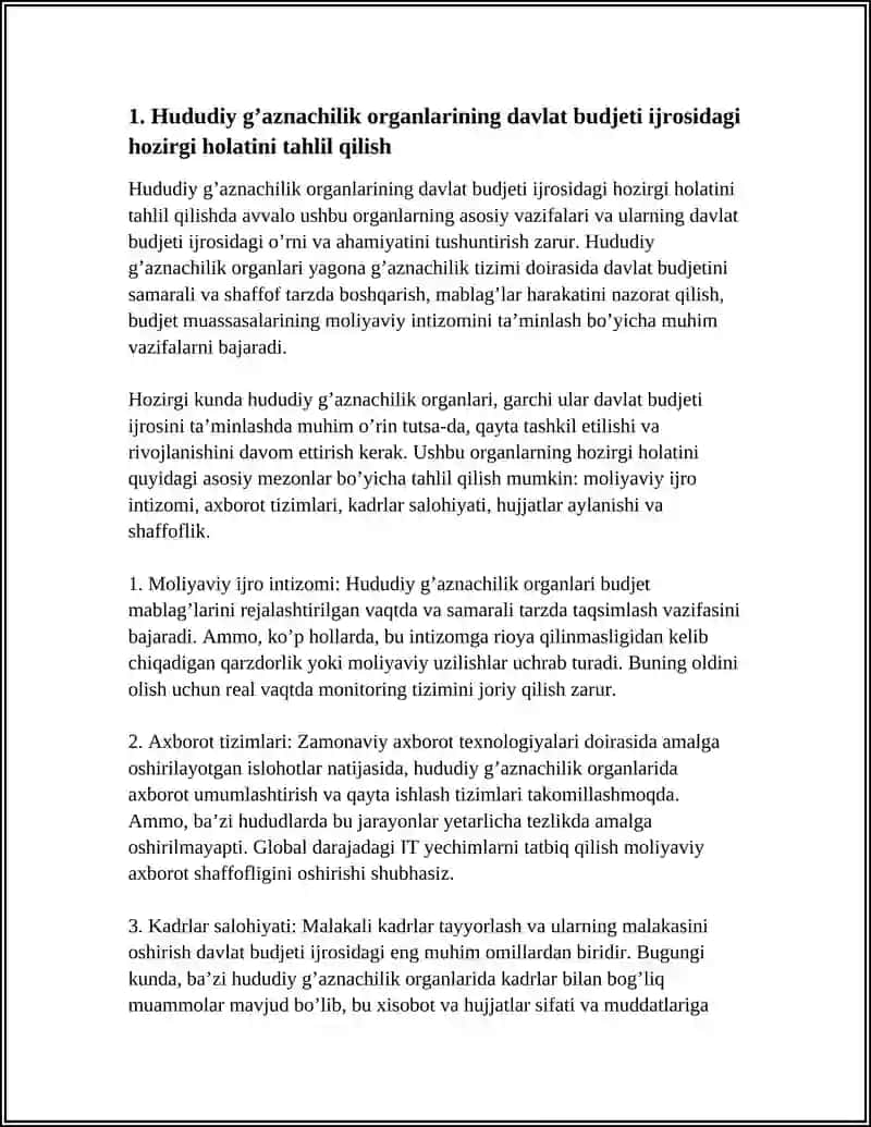 DAVLAT BUDJETI IJROSINI TAʼMINLASHDA HUDUDIY GʼAZNACHILIK ORGANLARI FAOLIYATIDAN FOYDALANISHNI YAXSHILASH 4
