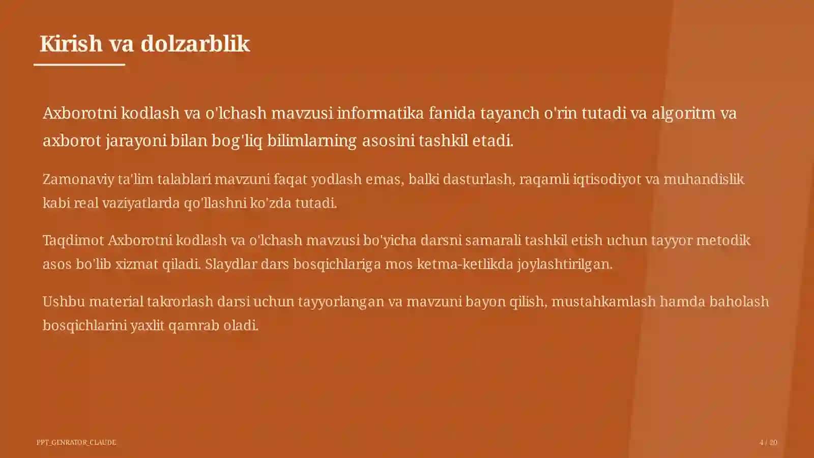 Axborotni kodlash va o'lchash (7-sinf) Informatika va axborot texnologiyalari (5– 11) — takrorlash darsi uchun 4