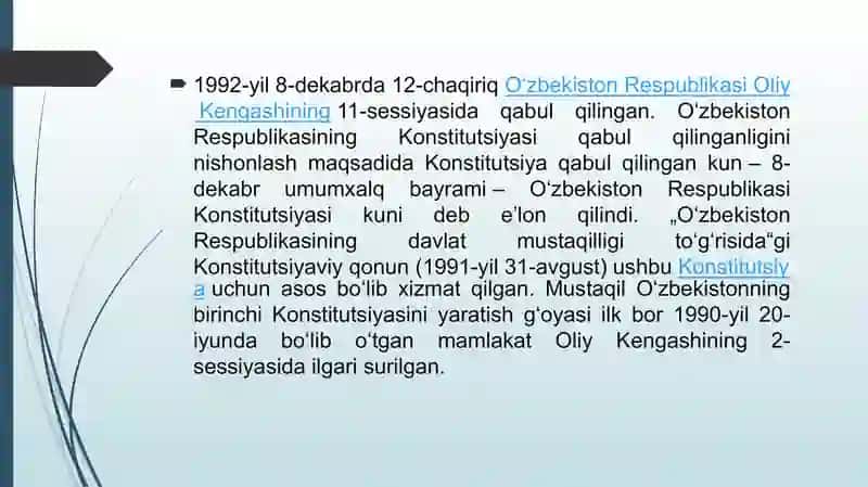 O’zbekiston Respublikasi Konstitutsiyasining tuzilishi va o’ziga xos xususiyatlari. 4