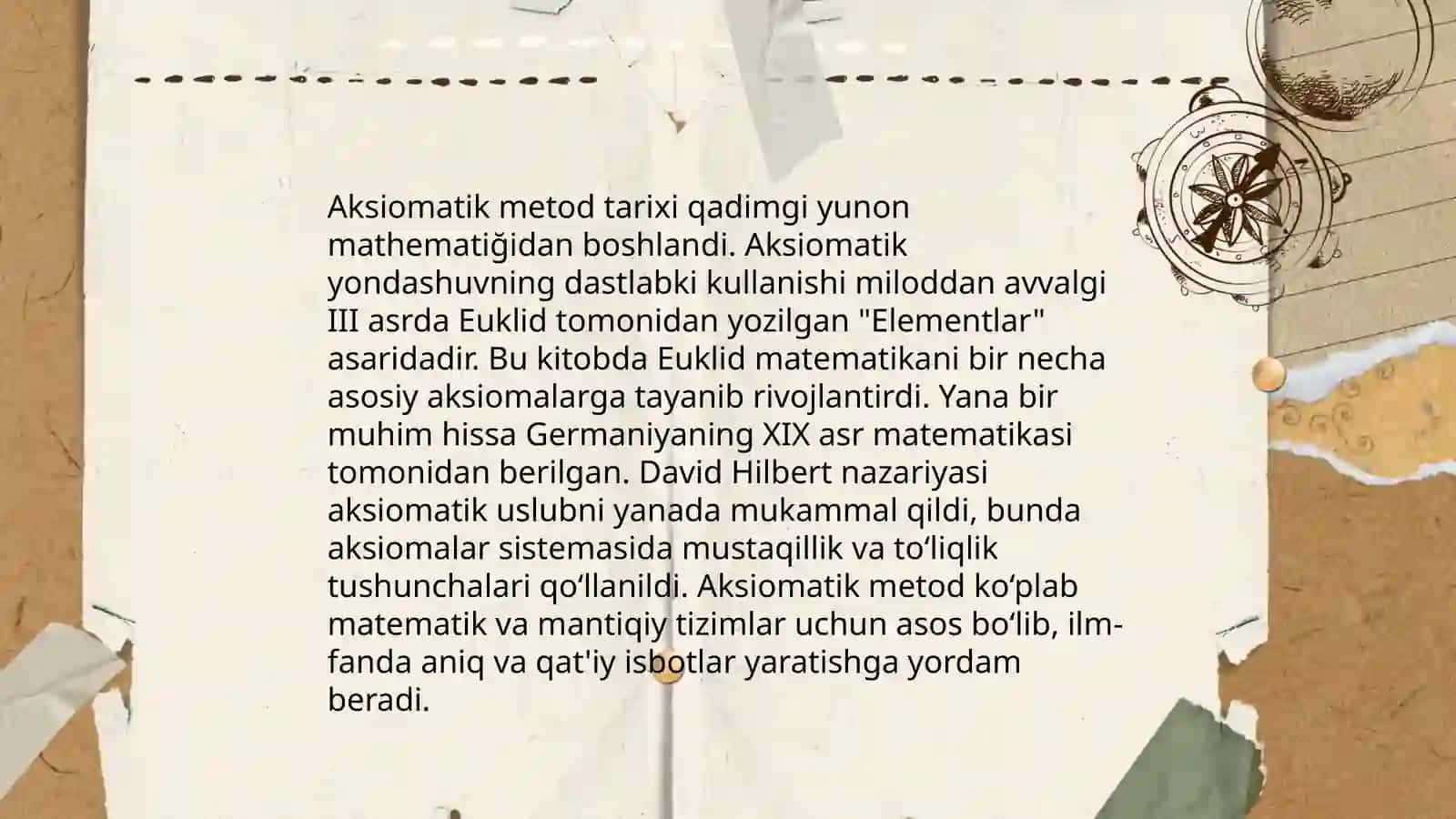 Aksiomatik metod haqida tushuncha Evklid geometryasi, uning "Negizlar" asari haqida 4