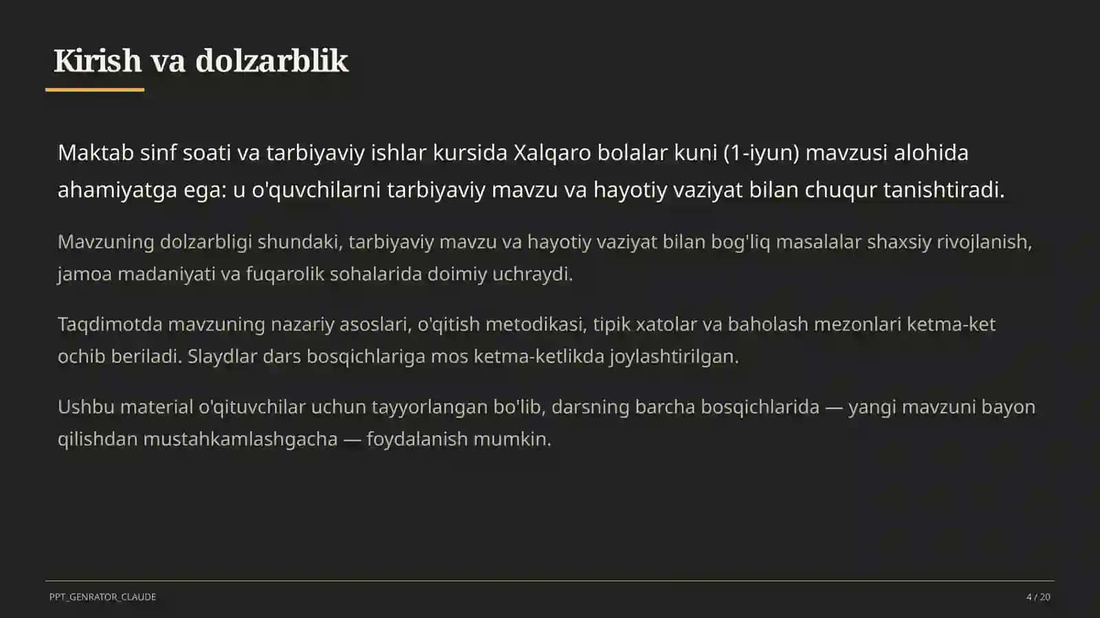 Sinf soati va tarbiyaviy tadbirlar (1–11) — o'qituvchilar uchun 4