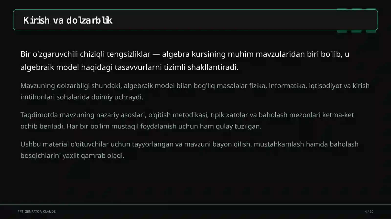 Algebra (7–11) — o'qituvchilar uchun 4