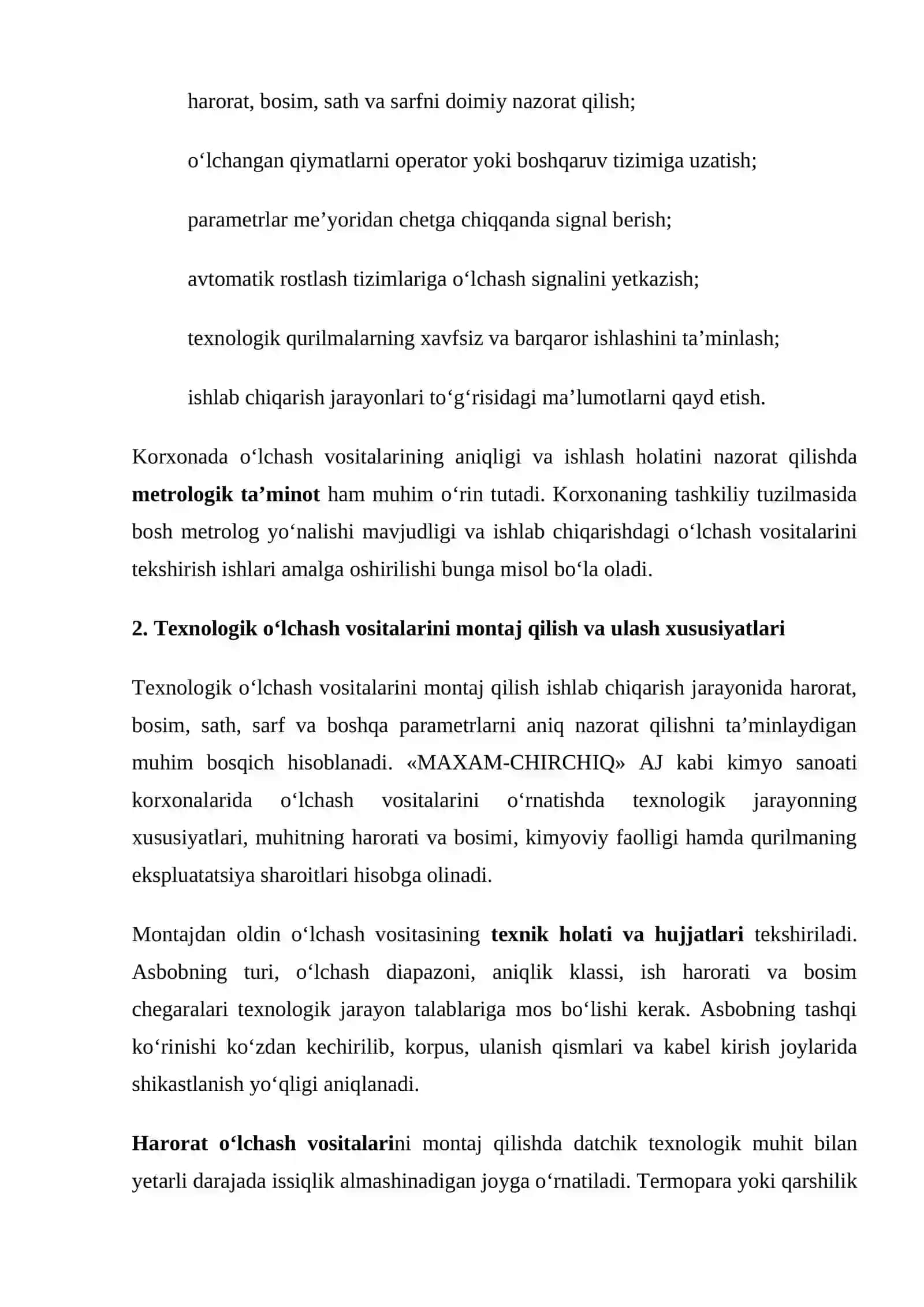 mustaqil ish «Maksam-Chirchiq» OAJ dagi texnologik parametrlarni o‘lchash vositalarining montaj va s 4