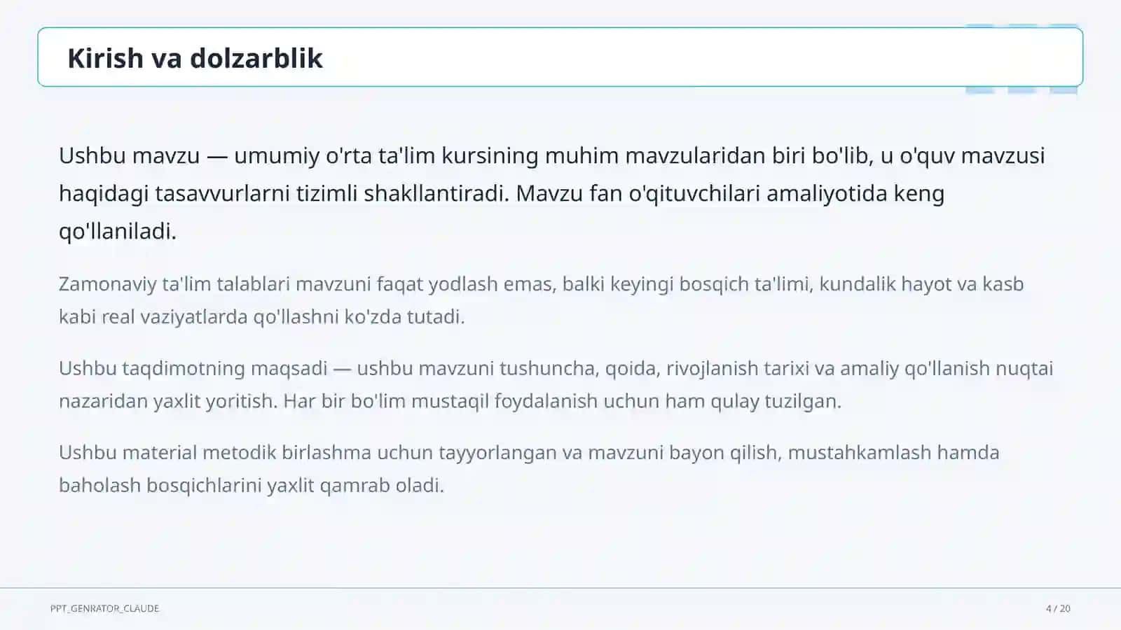 Dolzarb mavzular — maktab va o'qituvchilar (2026) — metodik birlashma uchun 4