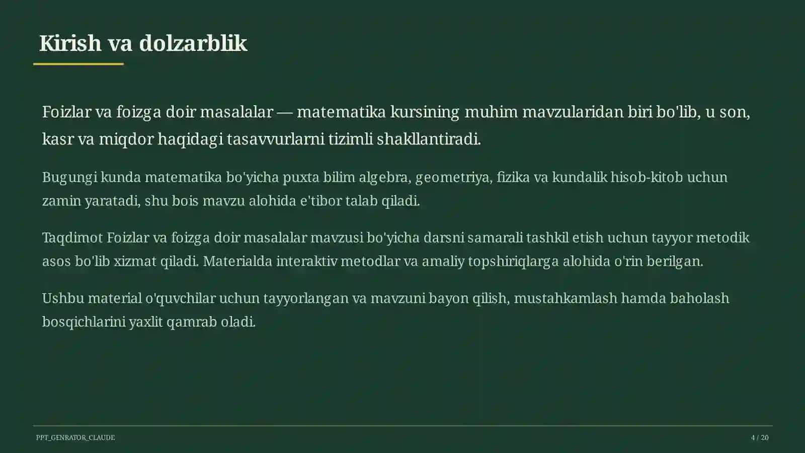 Foizlar va foizga doir masalalar (5-sinf) 4