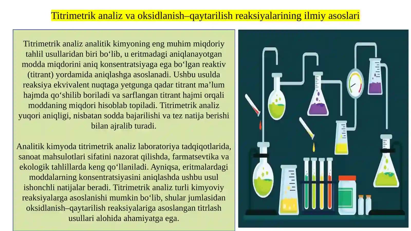 Titrimetrik analiz usullari: oksidlanish–qaytarilish reaksiyalari asosida titrlash 4