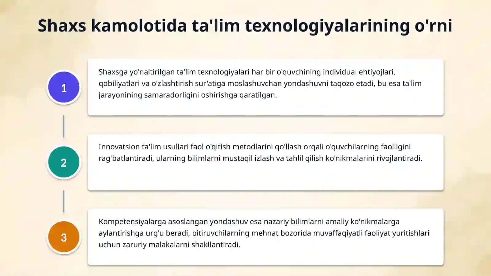 Shaxsni kamol toptirishga yo‘naltirilgan ta’lim texnologiyalari. Integratsiya haqida umumiy tushuncha. Muammoli ta’lim texnologiyasining psixologik asoslari. Innovatsion texnologiyalar asosida tanqidiy tafakkurni shakllantirish. 4