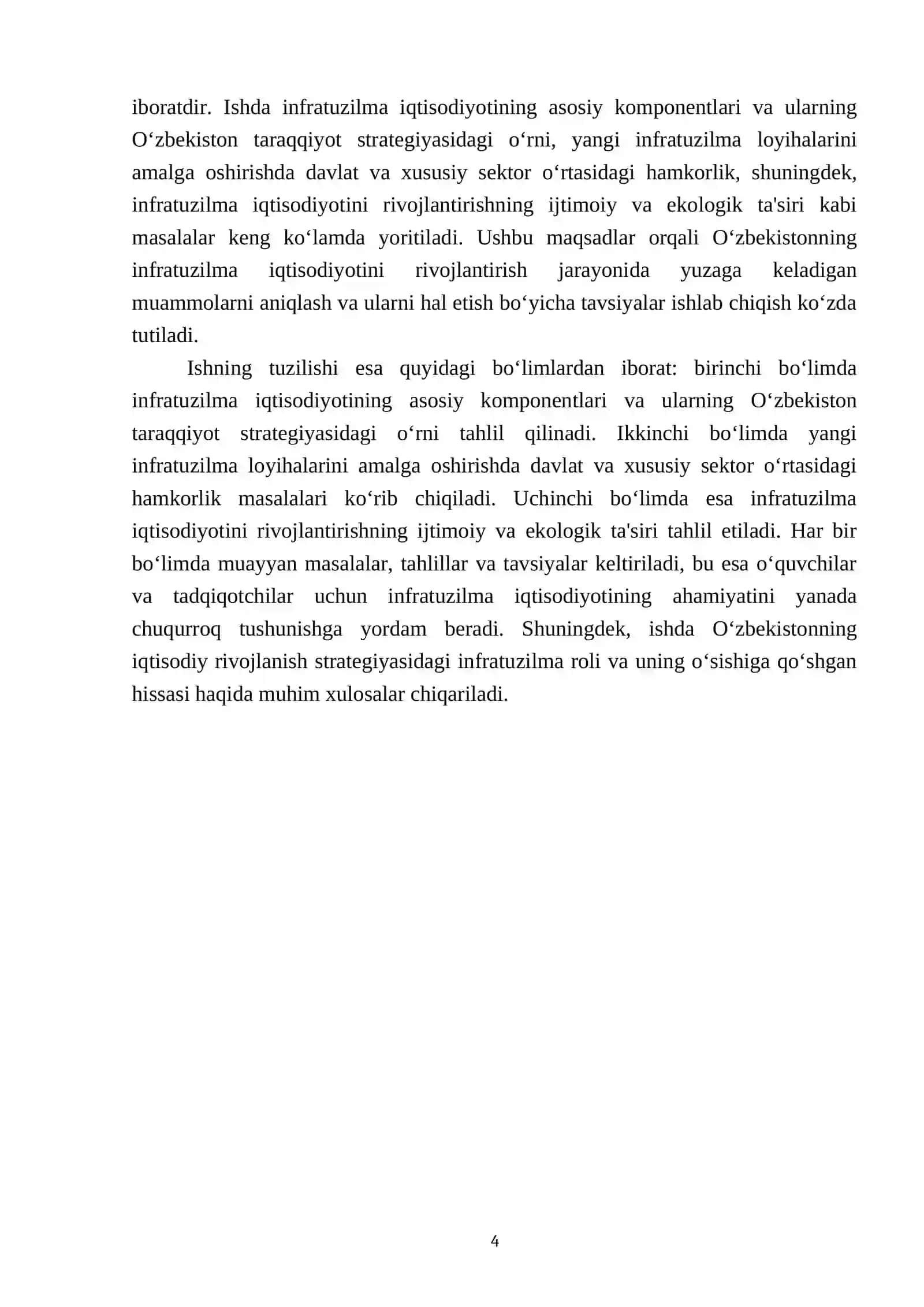 2022-2026 yillarga mo‘ljallangan yangi O‘zbekistonning taraqqiyot strategiyasida infratuzilma iqtisodiyotini rivojlantirish vazifalarini qo‘yilishi va amalga oshirilishi 4