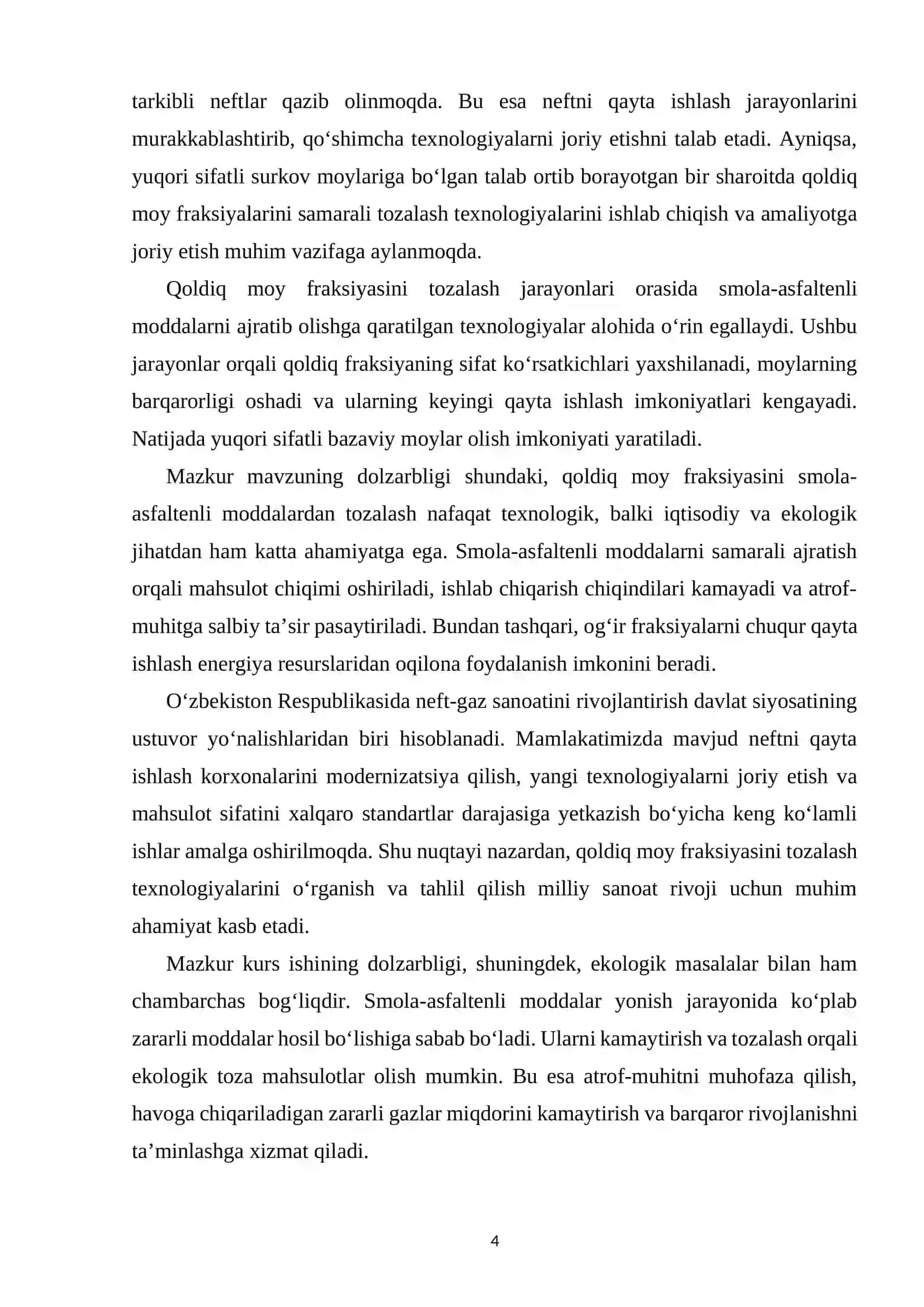 QOLDIQ MOY FRAKSIYASI TARKIBINI SMOLA-ASFALTENLI MODDALARDAN TOZALASH JARAYONI 4