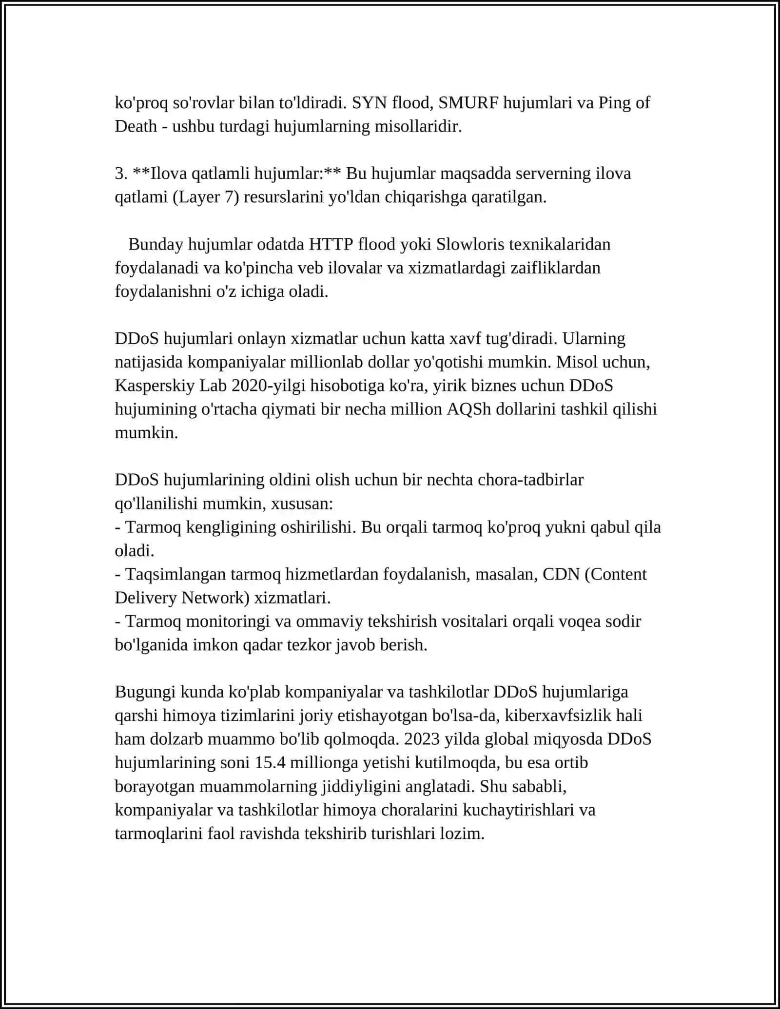 DDOS (DISTRIBUTED DENIAL OF SERVICE) HUJUMLARI VA ULARGA QARSHI HIMOYA USULLARI 4