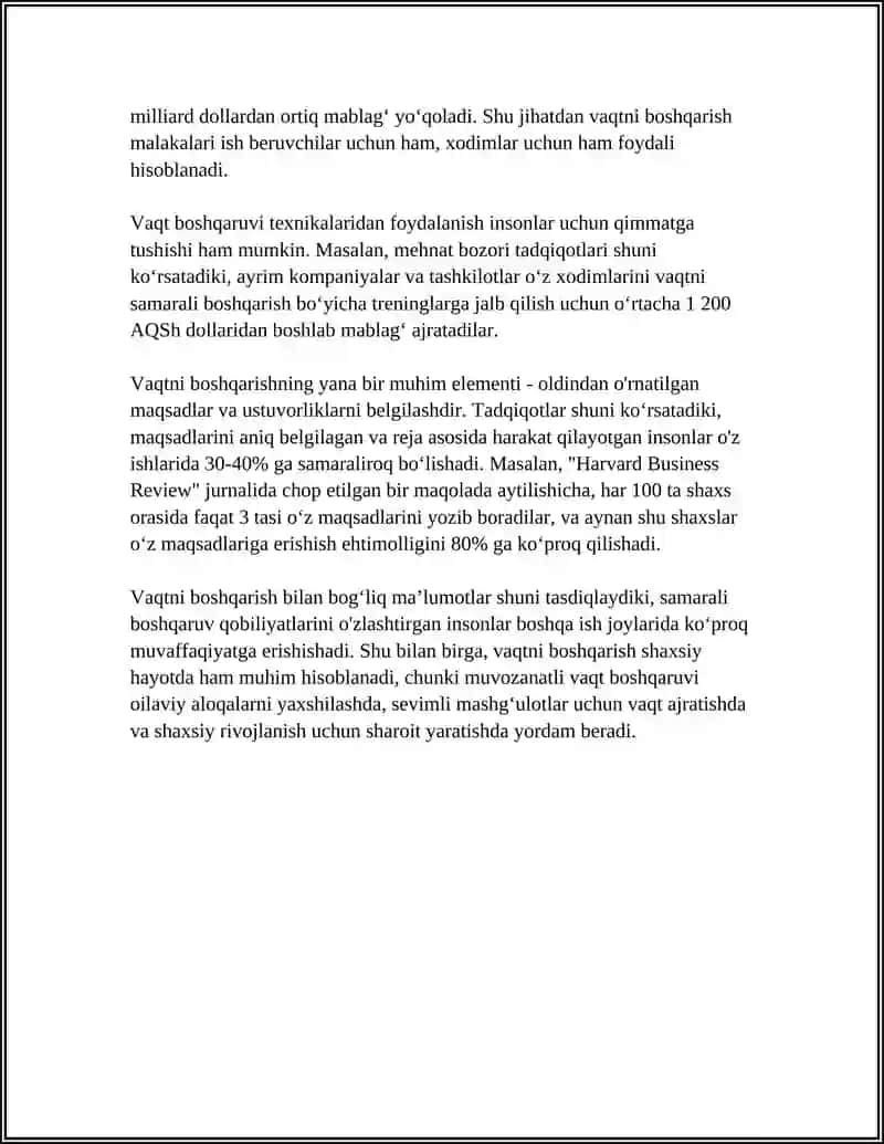 MUSTAQIL ISH Mavzu: VAQTNI BOSHQARISH (TIME MANAGEMENT KÕNIKMASI VA RIVOJLANTIRISH YOʻLLARI 4