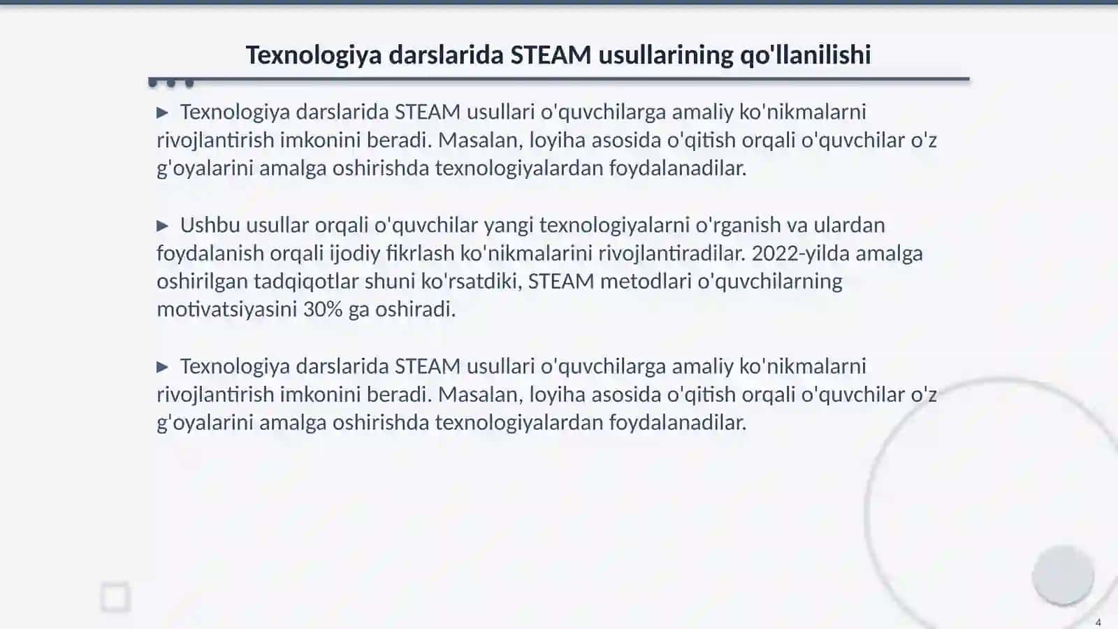 Texnologiya fani Mavzu texnologiya darslarida STEAM talimi 4