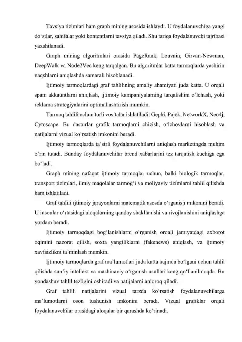 IJTIMOIY TARMOQDAGI FOYDALANUVCHILAR ORASIDAGI BOG'LANISHNI TAHLIL QILISH (GRAPH MINING) 4