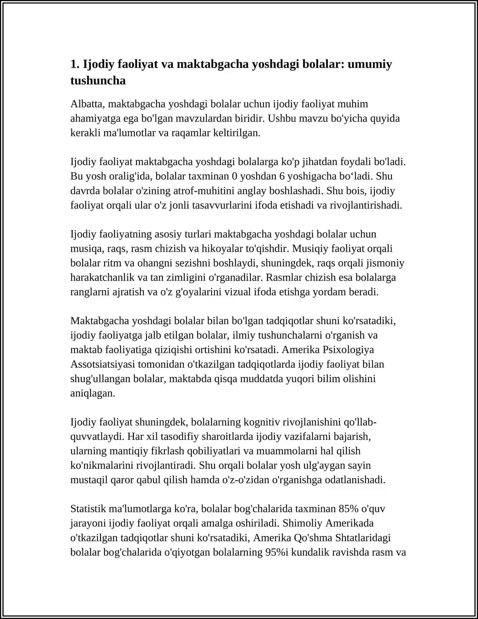 MAKTABGACHA YOSHDAGI BOLALARDA IJODIY FAOLIYAT TURLARI REFERAT 4