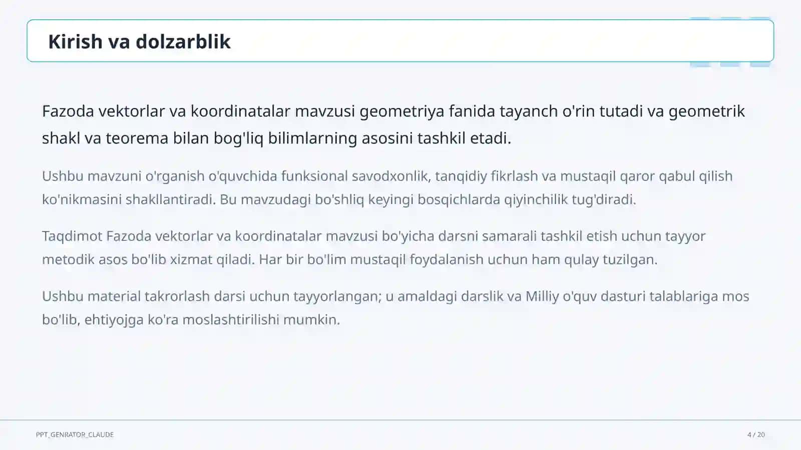Fazoda vektorlar va koordinatalar (11-sinf) 4