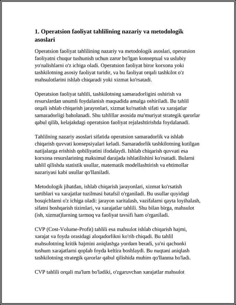 OPERATSION FAOLIYAT TAHLILI VA UNING MUHIM JIHATLARI. MAHSULOT (ISH,XIZMAT)LARNING TARMOQ VA FAOLIYAT TAVSIFI 4