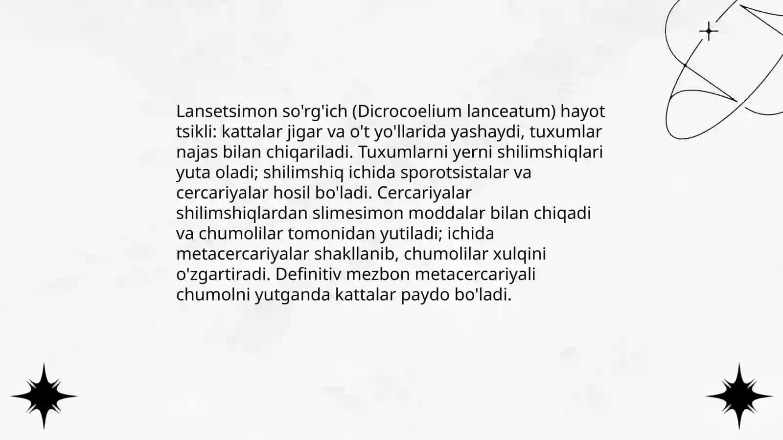Odamlarda parazitlik qiluvchi so'rg'ichlilar (lansetsimon so'rg'ich, o'pka qurti, qon qurti) by Islomova Shahzoda 4