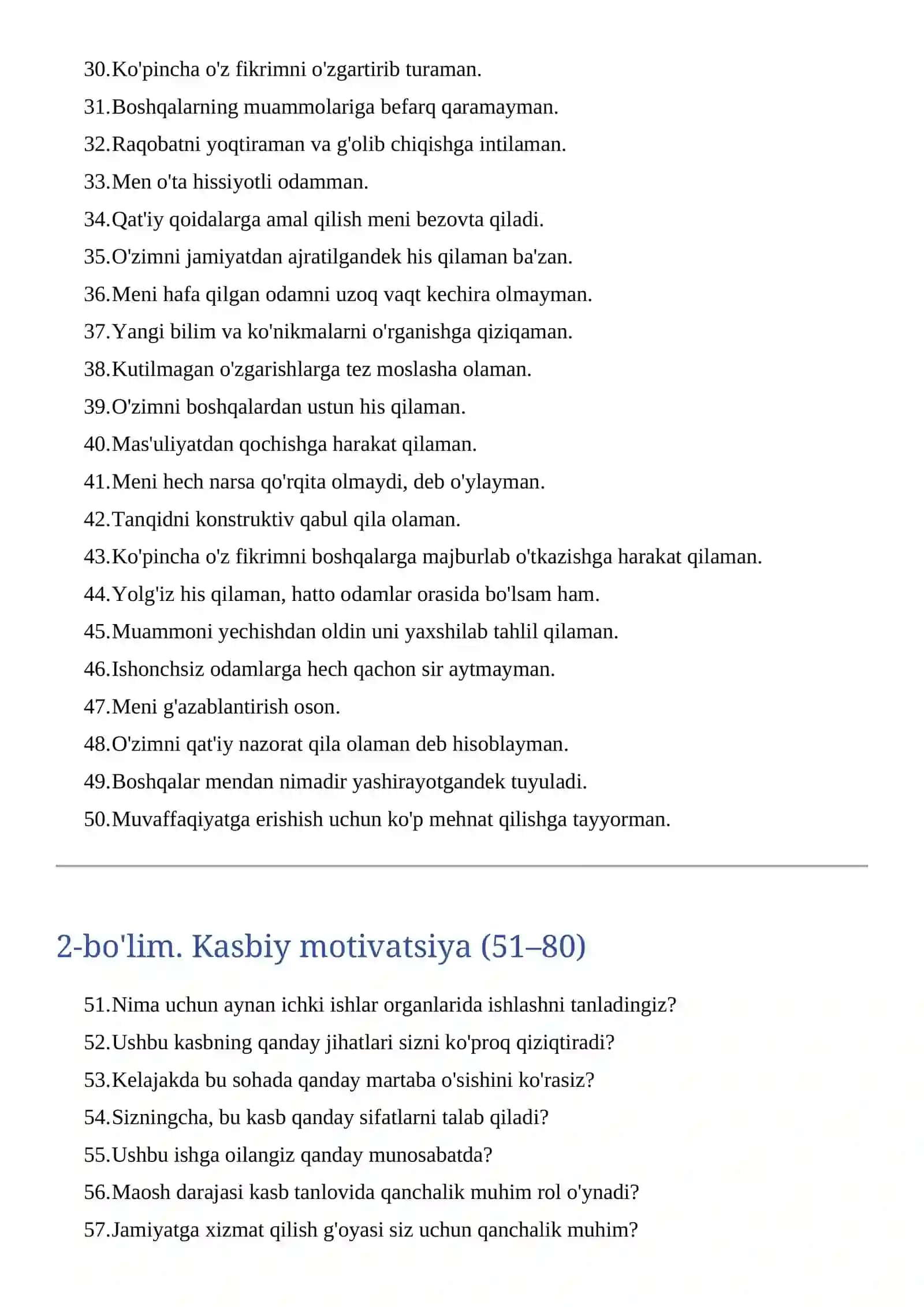 ICHKI ISHLAR ORGANLARIGA KIRUVCHILAR UCHUN PSIXOLOGIK SAVOLLAR TO‘PLAMI 4