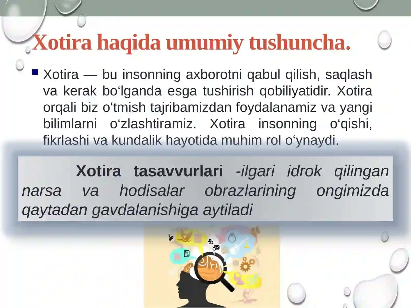 Xotira tushuncha, neyrofiziologik asoslari va bioximik nazariyalari. Xotira jarayonlari va turlari. Kognitiv psixologiyada xotira tadqiqotlari. Xotiraning  rivojlanishi va buzilishi 4