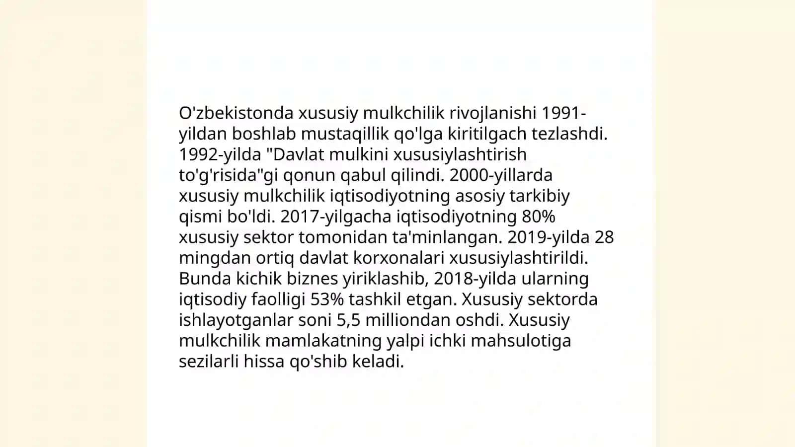 Iqtisodiy islohotlar, xususiy mulkchilikning shakllanishi. Oʻzbekistonda bozor munosabatlarining rivojlanishi 4