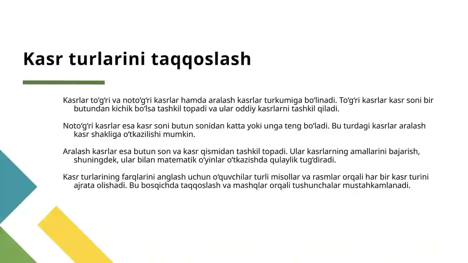 BOSHLANGʻICH SINFDA ARALASH NOTOʻGʻRI TOʻGʻRI KASRLARNI OʻRGATISH 4