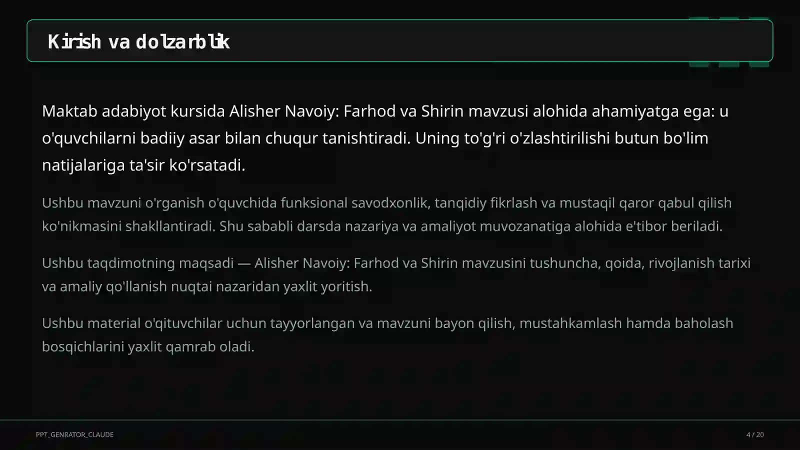 Alisher Navoiy: Farhod va Shirin (8-sinf) 4