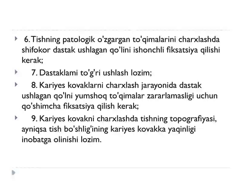 Blek bo’yicha 1 sinfli karioz kovaklarni restavratsiya qilish 4