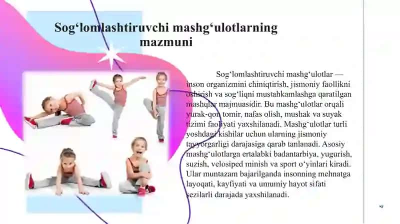 Asosiy sogʻlamshtiruvchi mashqlar, qoʻahimcha sogʻlomlashtiruvchi tafbirlar. Turmush tarzini biologk 4