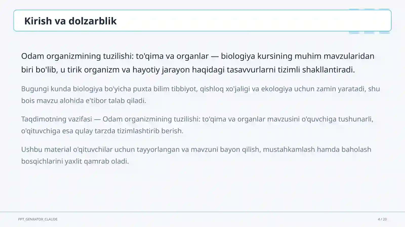 Odam organizmining tuzilishi: to'qima va organlar (8-sinf) 4