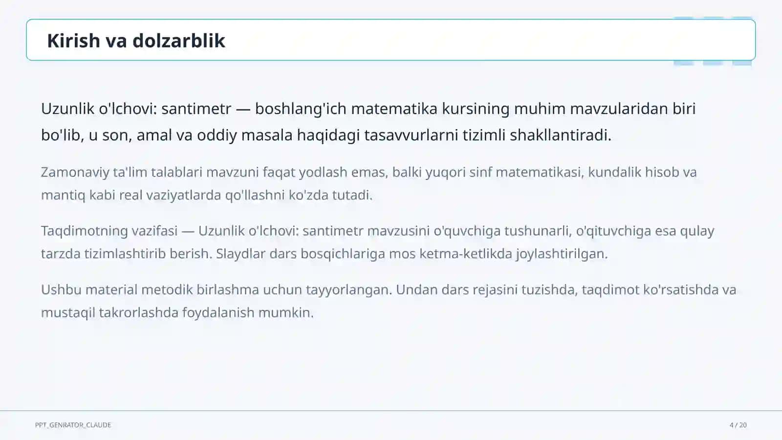 Boshlang'ich sinf: Matematika (1–4) — metodik birlashma uchun 4